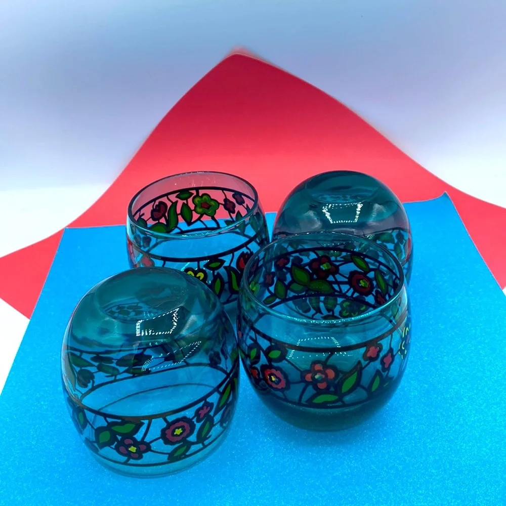 Mid Century Aqua Flower Roly Poly Lowball Tumblers Set Of 4